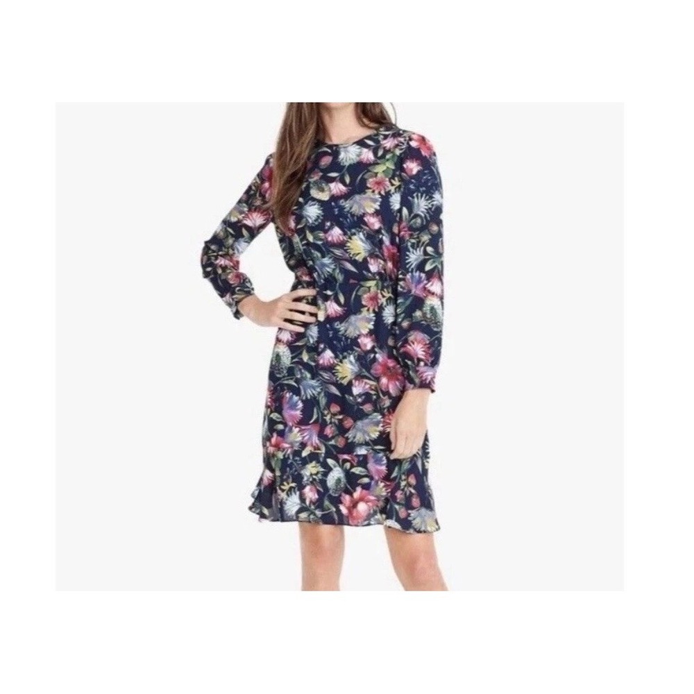 J Crew Colorful‎ Floral Navy Blue Genova Long Sleeve Flouncy Hem Dress Size 12